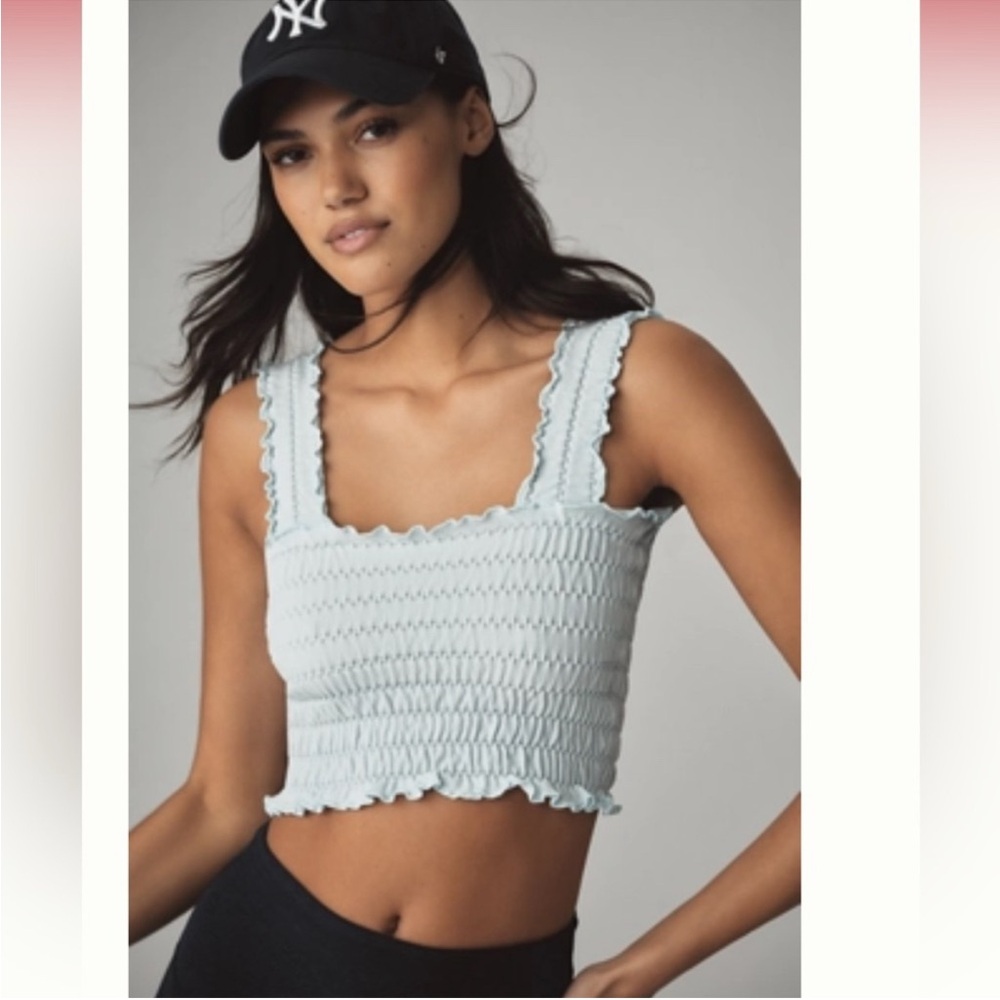 By Anthropologie Seamless Smocked Square-Neck Tank Light Blue Crop Top L/XL